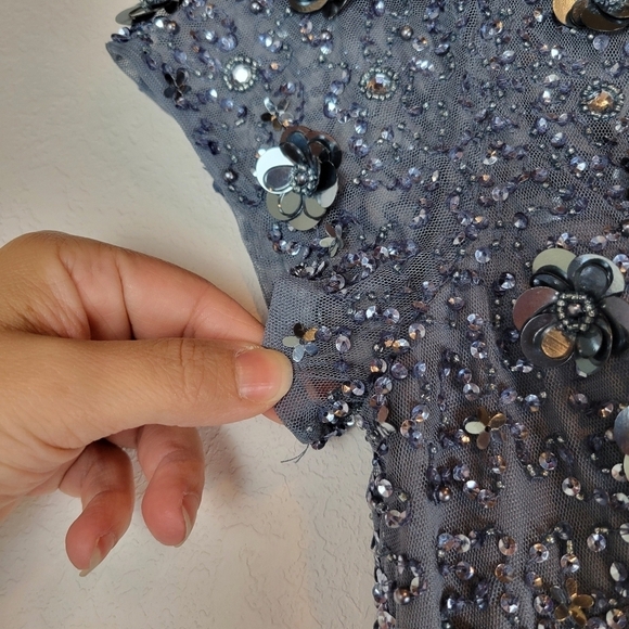 NWT Adrianna Papell Floral Beaded Top w/Tulle Chiffon Gown in Dusty Blue Size 6 - Picture 15 of 15